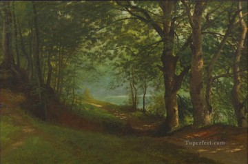 Albert Bierstadt Painting - PATH BY A LAKE IN A FOREST American Albert Bierstadt